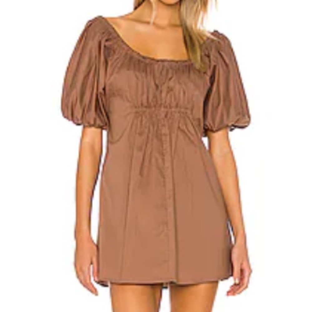 Brown Puff-Sleeve Square Neck Mini Dress